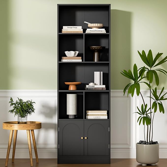 71" Tall Bookshelf with 6 Cubes and 2 Doors, 4-Tier Bookshelf, Open Shelf Bookcase with Cabinet, Modern Cube Storage Organizer for Living Room, and Office, Black