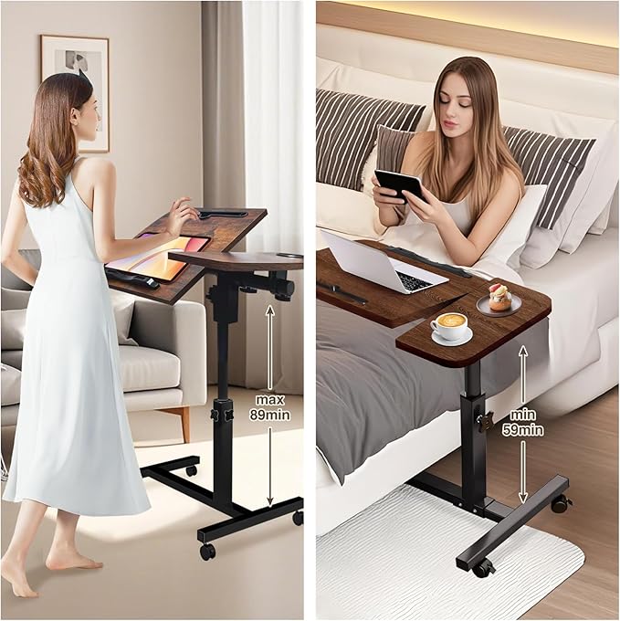 Overbed Table with Wheels Adjustable Height, Tiltable Desktop with Tray, Over Bed Table Rolling Bedside Tables, Medical Mobile Standing Desk, for Hospital Office Bedroom Sofa, Brown