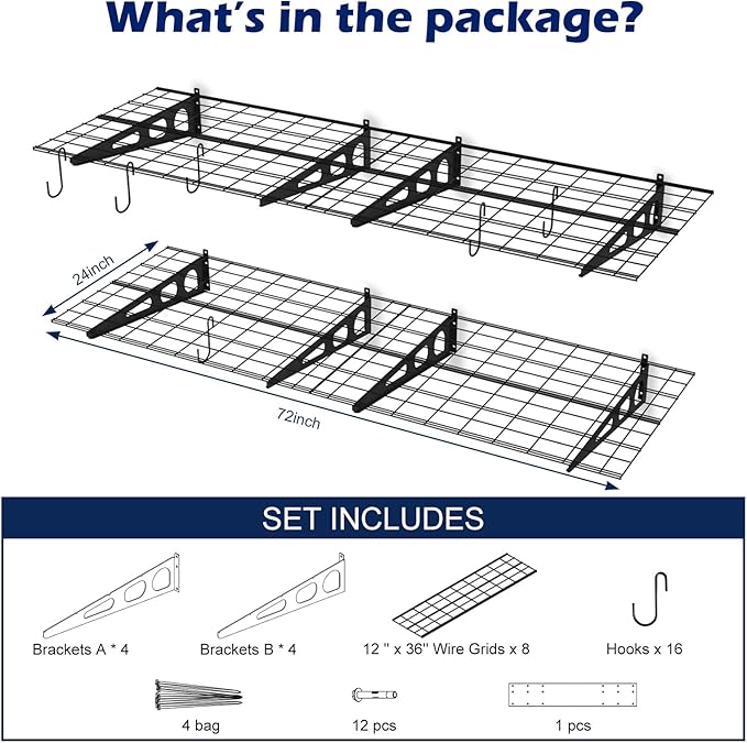 2 Pack 2x6 Ft Garage Wall Shelving, 1400 lbs Heavy Duty Metal Garage Shelf Storage Organization, 24x36 Inch Wall Mounted Floating Shelves x 4, High Capacity with Hooks, Space Saving