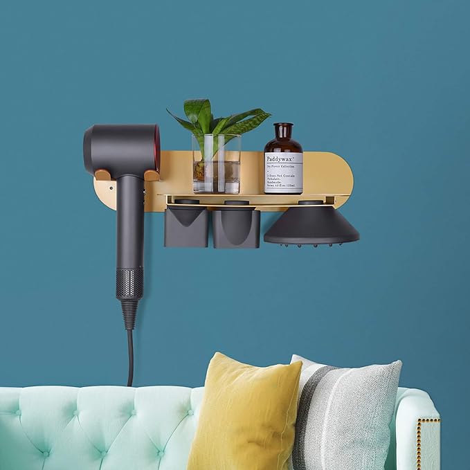 FLE Hair Dryer Holder Wall Mounted with Shelf - Hair Dryer Holder Rack Organizer Compatible for Dyson Supersonic Hair Dryer,Gold
