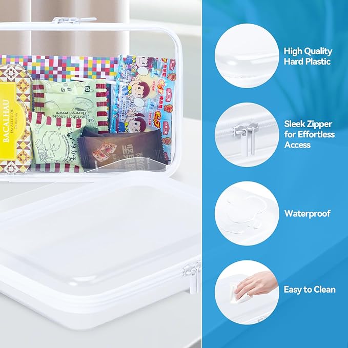 3Pcs Clear Zipper Pouches, White BIiss Plastic Bins for Organizing, Hard Clear Hard Shell Zipper Case Makeup Bag & Travel Organizer for Home Storage Cosmetics, Puzzles, 10 x 8 x 2.4 Inch