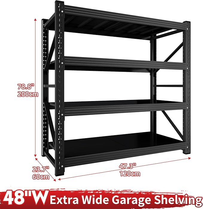 4000LBS Garage Shelving 48" W Garage Shelving Heavy Duty 4-Tier Metal Storage Shelves Adjustable Shelf Unit Storage Rack for Basement Supermarket Warehouse 48" W x 24" D x 78" H Black