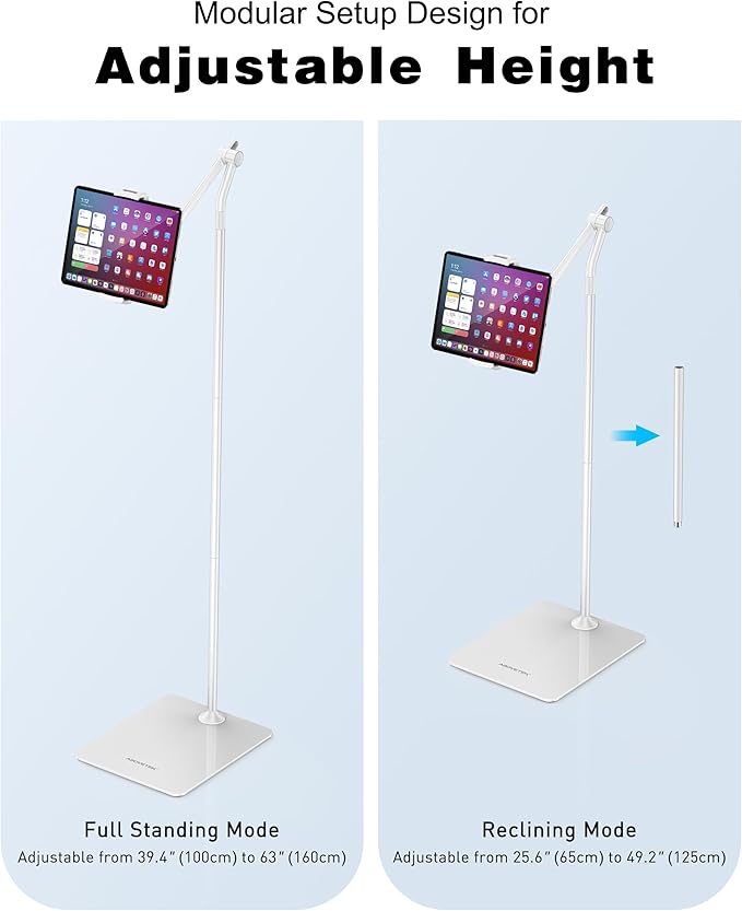 AboveTEK Tablet Floor Stand,Stylish Adjustable Height iPad Floor Stand with Stable Base,Aluminum 360° Rotation Holder for Sofa Bed,Fits 4.7-13.5"iPad Pro 12.9/Air/Mini,Galaxy Tab,iPhone, Kindle(White)