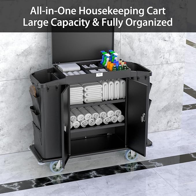 Heavy Duty Metal Housekeeping Janitorial Cart with Wheels,Silent Casters,Locking Large Capacity Cabinets,Cleaning cart for Housekeeping/Commercial Facility/Hotel/Stadium/School
