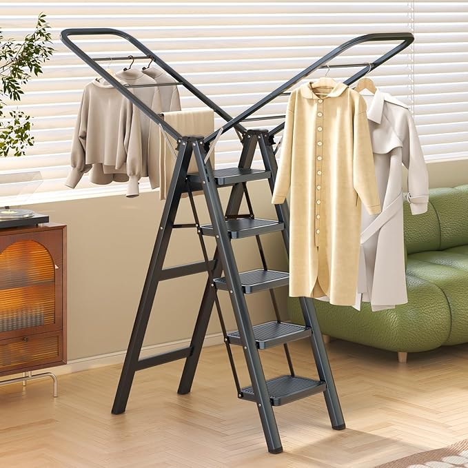 Multi-Functional 5 Step Ladder Used as Clothes Drying Rack,Sturdy Carbon Steel Ladder,Widened Pedal,Foldable & Portable Clothes Drying Rack, Space-Saving Design Indoor&Outdoor Drying (Black)