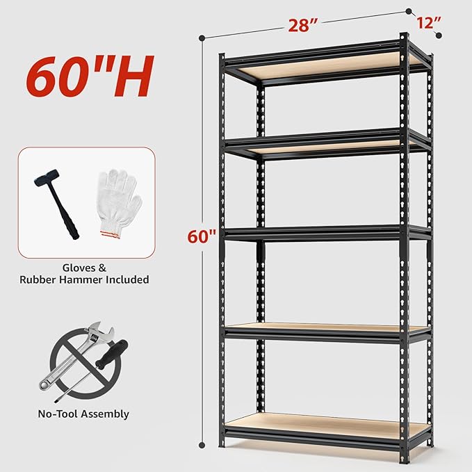 60" H x28 W x12 D Father&I 5-Shelf-Rack Shelves Industrial Metal Steel Garage/Kitchen Storage Heavy-Duty Adjustable Tall Shelving Units Organizer for Closet/Pantry/Attic/Laundry, Black