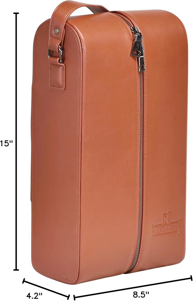 POUR & GARNISH Bourbon, Whiskey & Wine Double Bottle Travel Bag – Vegan Leather Spirits Carrier with 4 Stainless Steel Insulated Glasses & Gift Pouch – Luxury Barware Gift