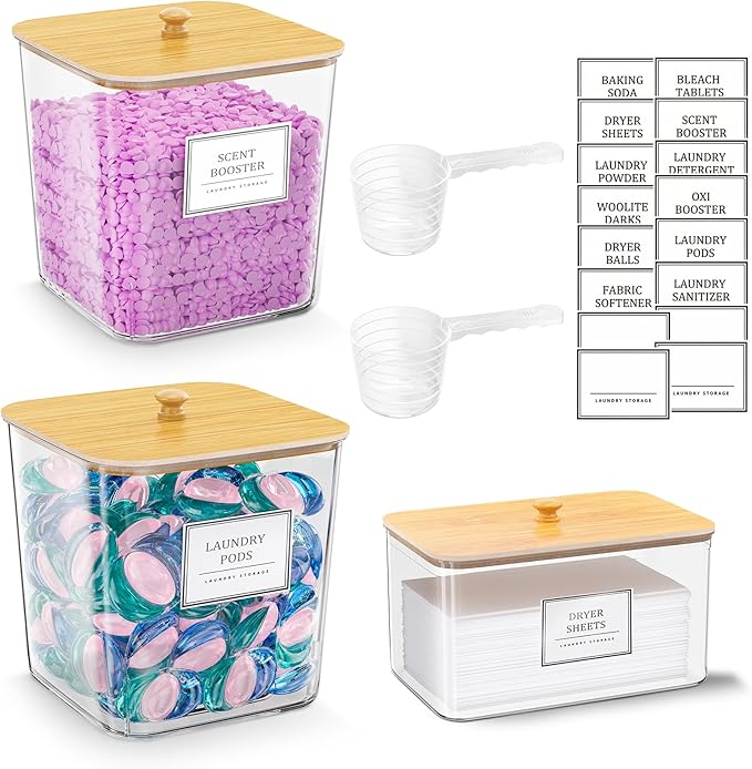 2+1 Pack Laundry Pods Container,Clear Laundry Detergent Powder Storage Containers,Laundry Room Organization Containers with Wooden Lids & Labels,Laundry Pods Holder for Scent Booster,Dryer Ball