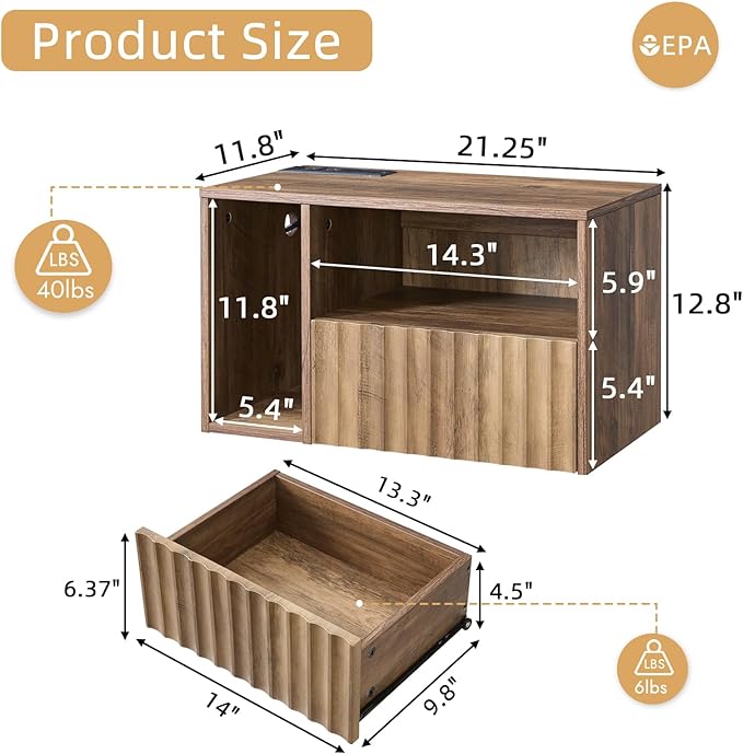 Floating Nightstand with Charging Station - Rustic Brown Wall Mounted Modern Fluted Bedside Table with Drawer, USB Ports & Outlets (Set of 2)