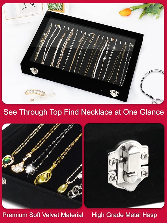 Jenseits Necklace Organizer Box, Tray with Clear Lid, Velvet Dustproof Necklaces Holder Storage Display Case, 20 Hooks Glass Top Jewelry Tray Drawer Insert for Pendant Bracelet