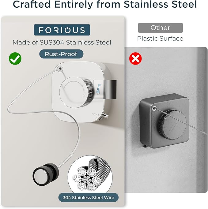 FORIOUS Retractable Clothesline Indoor, 13.8 Ft Non-Sagging Outdoor Clothes Line, Rustproof All Stainless Steel Heavy Duty Clothes Drying Laundry Line, Screw Wall Mounted for Bathroom, Chrome