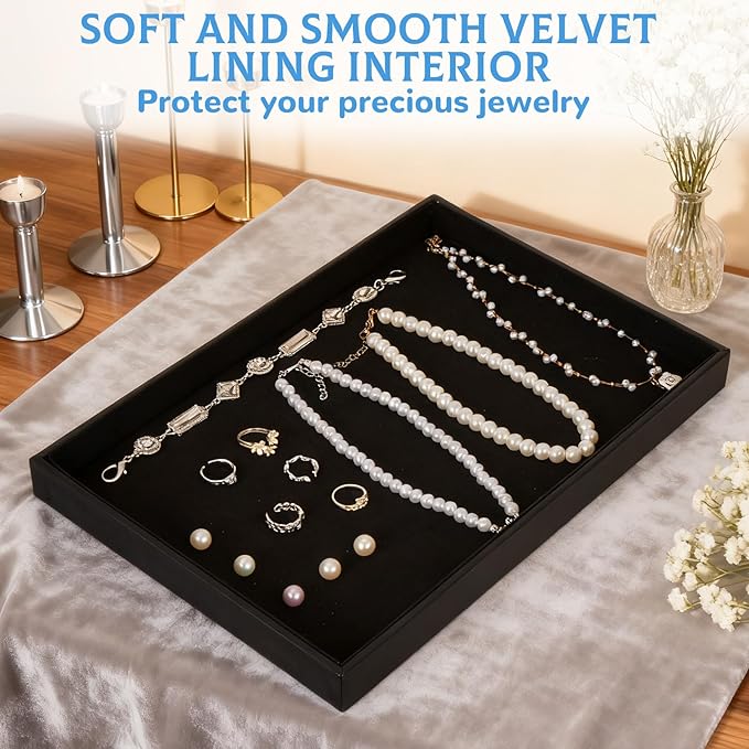 Rainmae 6 Pcs Velvet Stackable Jewelry Tray Showcase Display, Jewelry Organizer Trays for Drawers and Countertop, Black Empty Plates for Necklace, Ring, Bracelet, and Earring Storage Display