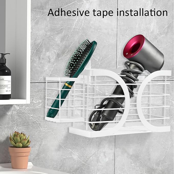 Elegant White Wall Mounted Hair Dryer Holder - Stylish Bathroom Organiser for Hair Dryer & Straightener, Hair Brush & Accessories