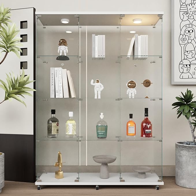 Beauty4U Glass Display Cabinet with LED Lights, Extra Large 3 Columns 2 Doors Curio Cabinets with 12 Shelves for Living Room, Bedroom, Office, White Floor Standing DIY Glass Bookshelf