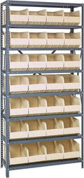 Quantum 1275-443IV Heavy Duty Shelving Unit with (8) Shelves and (28) SSB443 Ivory Bins for Garage Warehouse Storage Distribution | 400 lb Load Capacity | 12"D x 36"L x 75"H, Galvanized Carbon Steel