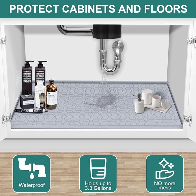 Under Sink Mat, 34" x 19" Waterproof Silicone Under Sink Tray for Kitchen & Laundry Cabinets, Kitchen Cabinet Shelf Protector, Up to 3.3 Gallons Liquid, Fits 36 inch Standard Cabinet Light Grey