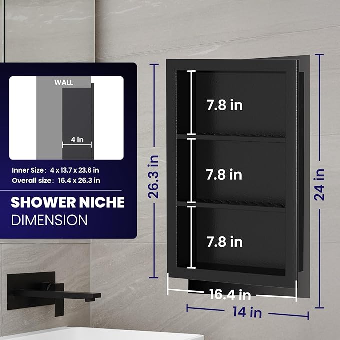 14" x 24" Stainless Steel Shower Niche, 3-Tier Waterproof Shelves, No-Tile Needed Bathroom Organizer, Rustproof Wall Shelf for Shampoo, Soap & Toiletries, Black