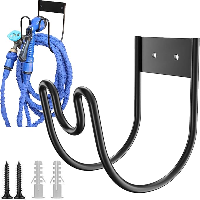 Metal Garden Hose Holder - Wall Mounted Water Hose Holder - Hose Hanger Heavy Duty for Water Hose Extension Cords Vacuum Hose Black