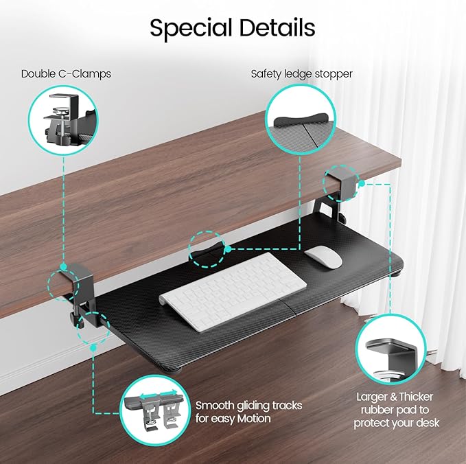 NearHub Large Keyboard Tray Under Desk Slide Out with Extra Sturdy C Clamp Mount System,26'' (30'' including Clamps) x11 Slide-Out Keyboard Drawer Under Desk for Typing,Keyboard Mouse Tray,Black