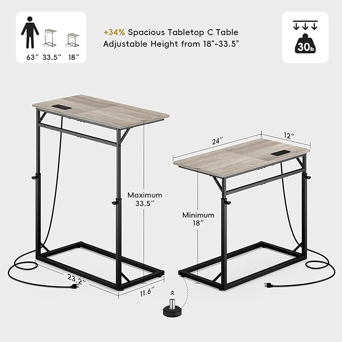 Vagusicc C Shaped End Table with Charging Station, C-Table End Table Adjustable Height Side Table for Couch, Large Couch Table, Slide Under Couch Table TV Tray Table for Sofa,Living Room,Bedroom, Grey