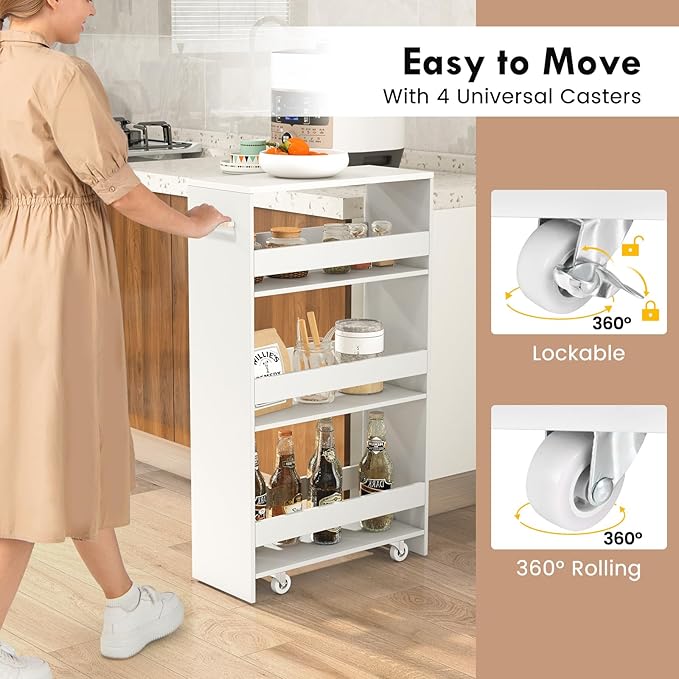 LOKO 4-Tier Rolling Storage Cart, 8 Inches Slim Kitchen Cart on Wheels with Open Shelves & Handle, Laundry Room Cart Between Washer and Dryer, for Narrow Space Bathroom Next to Fridge (White)
