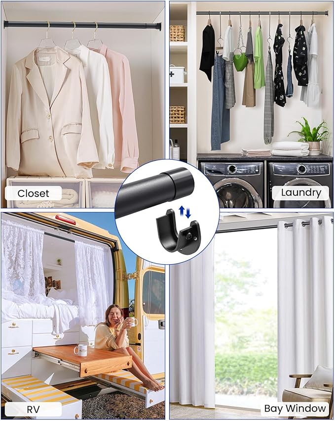 4 PACK Closet Rods for Hanging Clothes, 17 to 69 Inches Stepless Adjustable Metal Closet Rod, 1.3 Inches Heavy Duty Clothes Hanging Rod for Closet Wardrobes Laundry RV, Black