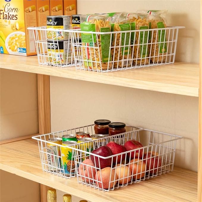Wire Storage Basket Freezer Organizer Bins Food Storage Metal Baskets with Handles Pantry Organizer for Kitchen Freezer Cabinets Closet Bedroom Bathroom,Set of 4,White