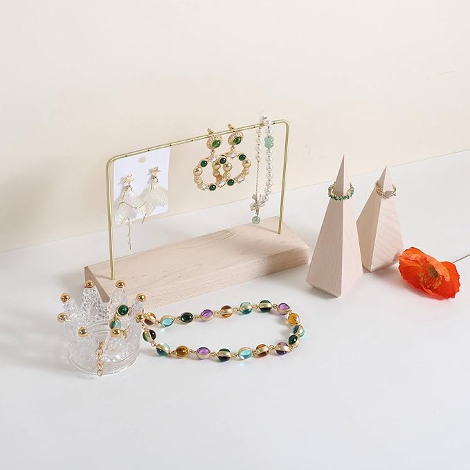 GemeShou Maple Earring holder for selling, Brass earring stands and displays for show, Wood Jewelry Storage hanging shelf for Girl Woman【U Shelf-Maple】