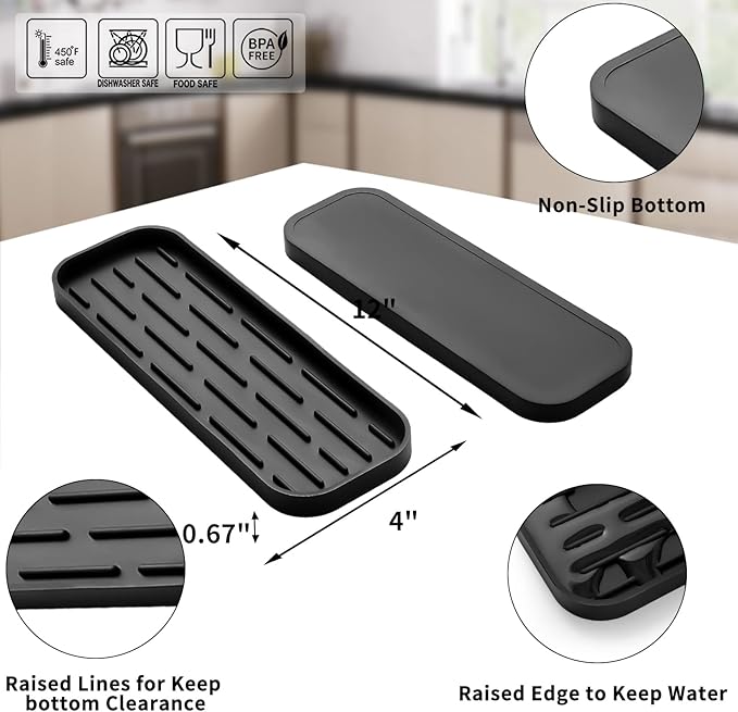 Silicone Kitchen Sink Organizer Tray for Multiple Usage,Eco-Friendly Sponges Holder for Kitchen Bathroom Counter or Sink,Dish Soap Dispenser,Scrubber,Bottle,Cup (Black, 12"×4")