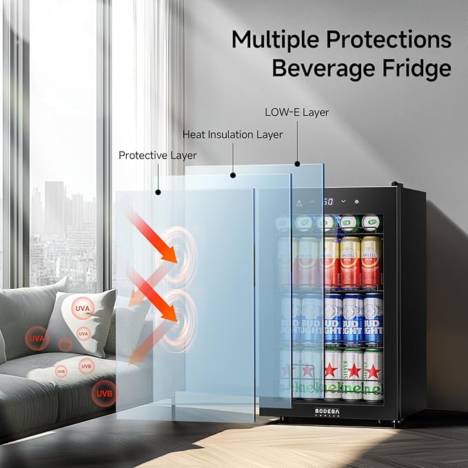 BODEGACOOLER 68L Beverage Refrigerator,120 Cans Tempered Glass Door Beverage Cooler with LED Light and Adjustable Chrome Shelves, for Kitchen Office Bar (17.7"x17.3"x29.5")