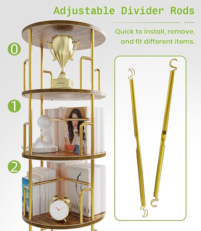 4 Tier Rotating Bookshelf Tower Round Gold,50” Floor Standing Spinning Bookshelf Tower Anti-Tipping Design,Metal & Wood Revolving Bookcase Stackable Space Saving for Small Spaces,Study,Living Room