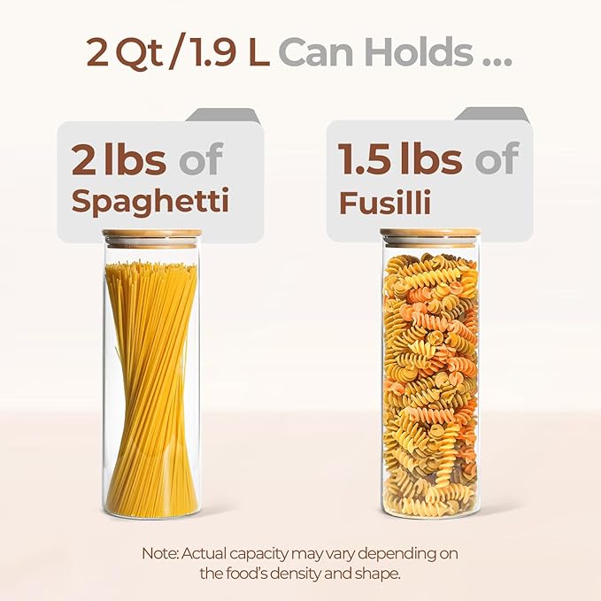 ComSaf Glass Spaghetti Pasta Storage Container with Lids 2 Qt Set of 3, Tall Clear Airtight Food Storage Jar with Wood Cover Kitchen Pantry Storage Container for Noodles Flour Cereal Coffee Beans