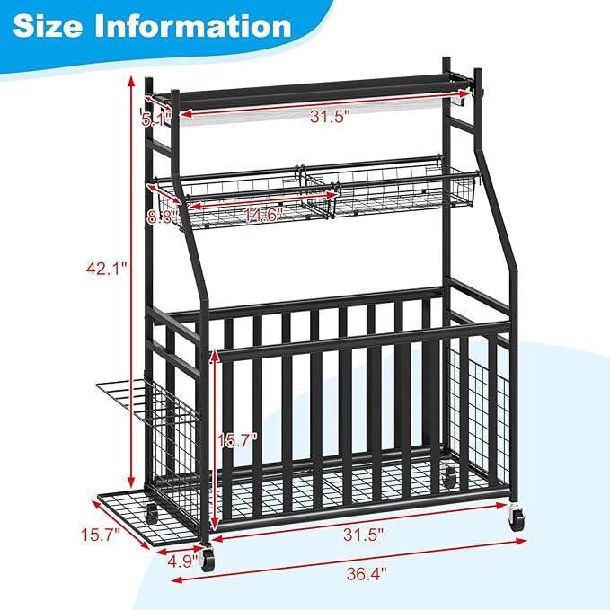 Garage Sports Equipment Organizer,Sports Ball Organizer with Wheels,Basket,Ball Organizer with Baseball Bat Rack and HooksToy Storage Rolling Cart-Black