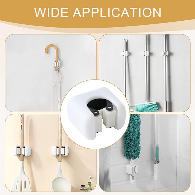 Broom Holder, Wall Mount Mop Organizer, Self-Adhesive Cleaning Supplies Hanger Rack for Bathroom Kitchen Garage Garden Space-Saving, Durable and Water-Resistant Broom Storage Solution, 3 Pack