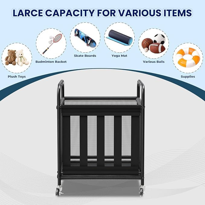 Ball Storage Cart, Sports Equipment Organizer with Wheels, Storing Volleyball, Basketball, Soccer, Baseball and Toy, Lockable Rolling Sports Ball Storage for Garage, Playgroup and Gym