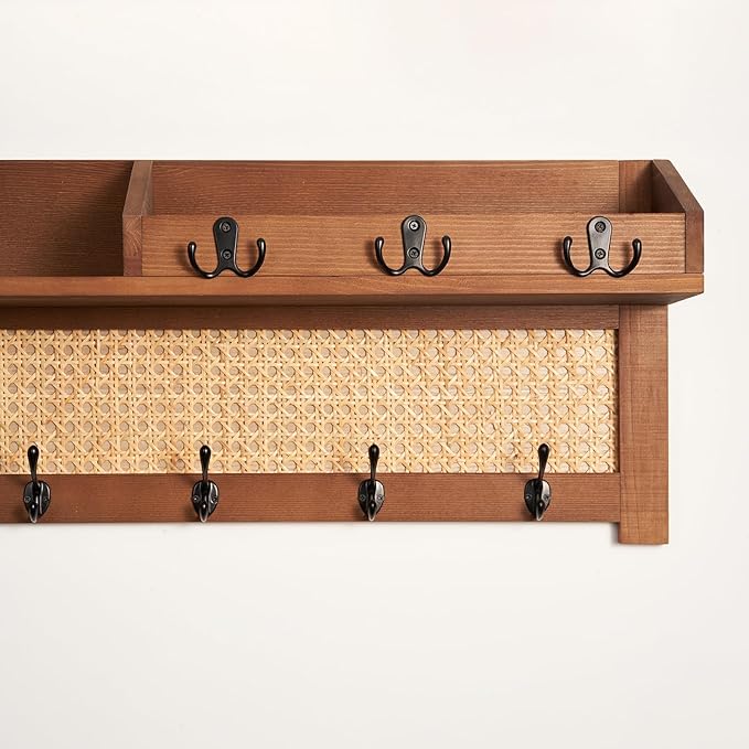 Coat Rack Wall Mount with Hooks & Shelf - Wooden Entryway Organizer for Hanging Coats, Keys, Hangers - Space Saving Durable Wood Holder for Hallway, Bedroom, Office-The Rattan Model