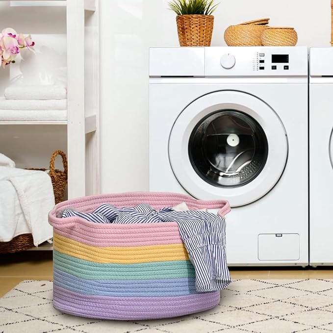 DUHEL Cotton Rope Woven Storage Basket, Used for Baby Hamper Toy Organizer, Gift Baskets Empty,Kids Laundry Basket,Baby Blanket Basket. Size 15x10x8.7 Inches. (Rainbow-3Pcs)