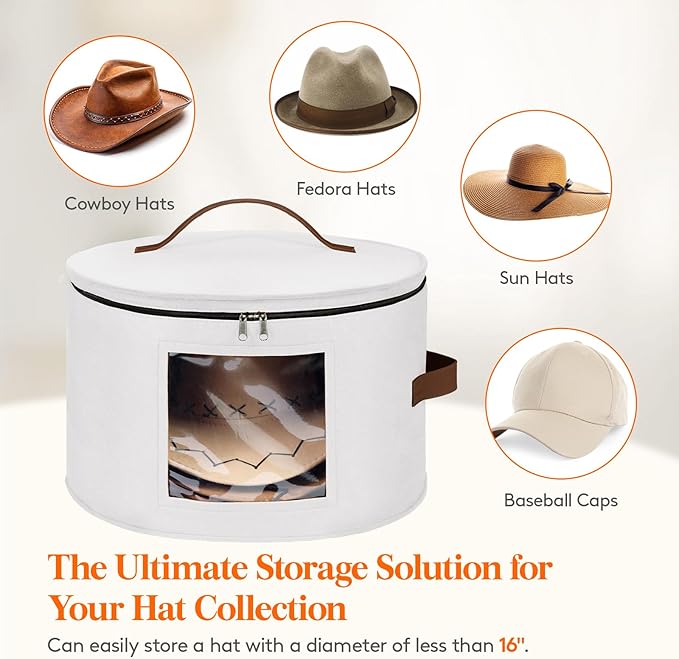 Lifewit Round Cowboy Hat Box for 7 Caps, Large Felt Hat Organizer Bag for Men & Women Storage, Baseball Cap Container with Dustproof Lid for Travel, Foldable 16.5" D x 10.6" H Carrier, White