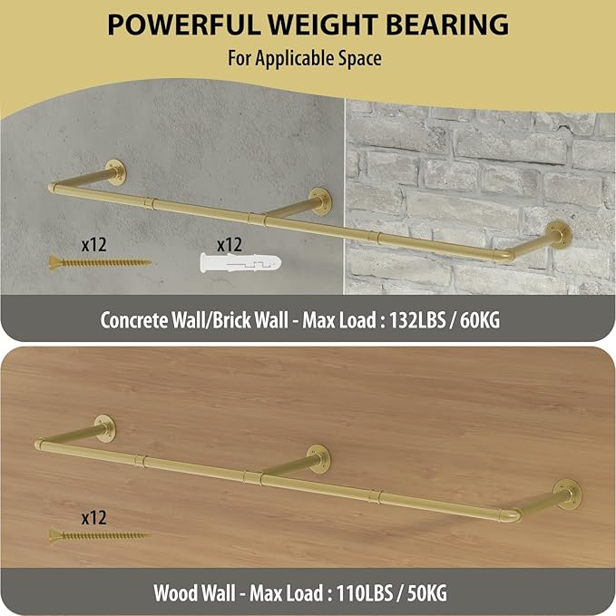 Wall Mounted Clothes Rack, 72" Industrial Pipe Clothing Rack, Heavy Duty Gold Garment Rack Bar, Multi-Function Hanging Clothes Rod for Laundry Room,Bedroom,Dressing Room,Closet Storage