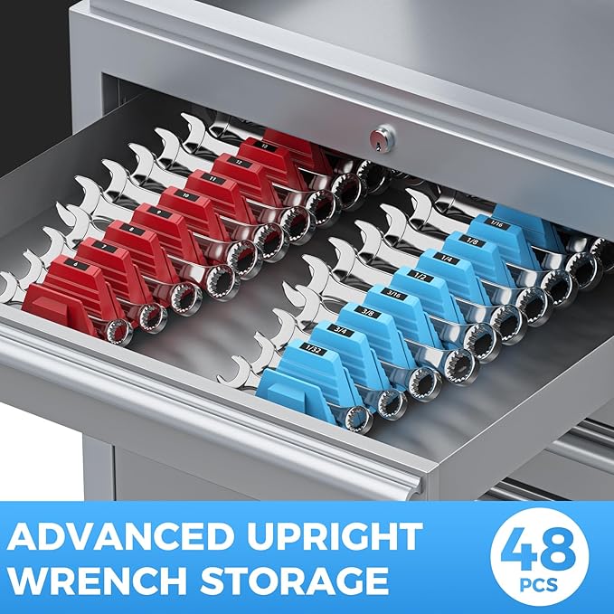 48PCS Magnetic Modular Wrench Organizers for Tool Drawers - Red & Blue - Wrench Rack with Metric & SAE Labels, Customizable Magnet Tool Storage Holder for Tool Box Organization