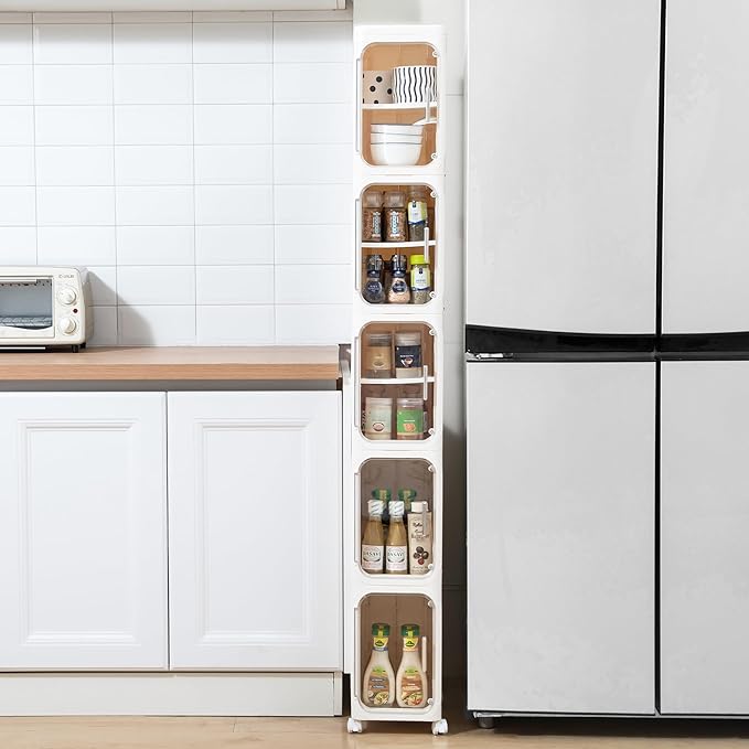 Narrow Bathroom Storage Cabinet with Wheels,5-Tier Plastic Slim Organizer with Adjustable Shelves for Small Spaces,Bathroom, Kitchen, Laundry,Milky White