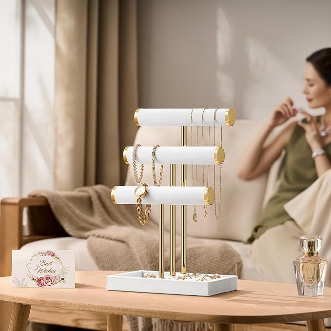 Bracelet Holder Jewelry Organizer Display - 3 Tier T Bar Velvet Stand, White Jewelry Storage for Bracelet, Necklaces, Earrings, Watches