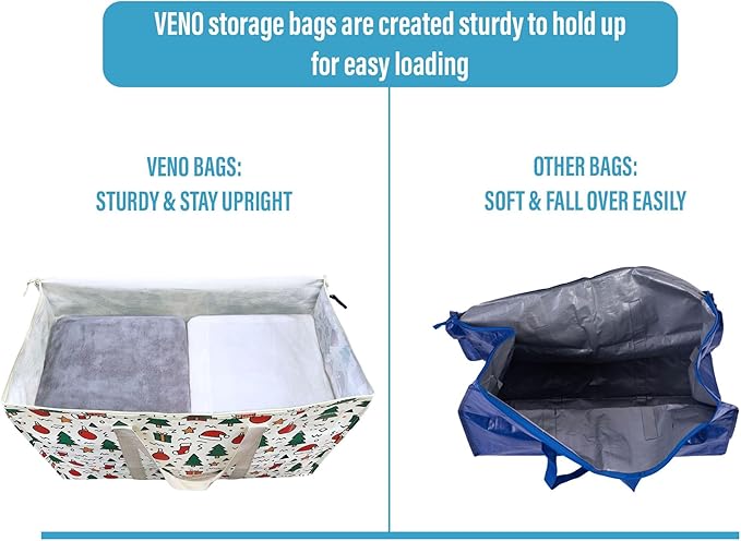 VENO 4 Pack Moving Bags and Large Christmas Storage Bins with lids. Alternative to Moving Boxes, Packing Supplies for College. Extra Large Heavy Duty Totes for Packaging (Jingle Mix, 4 Pack)