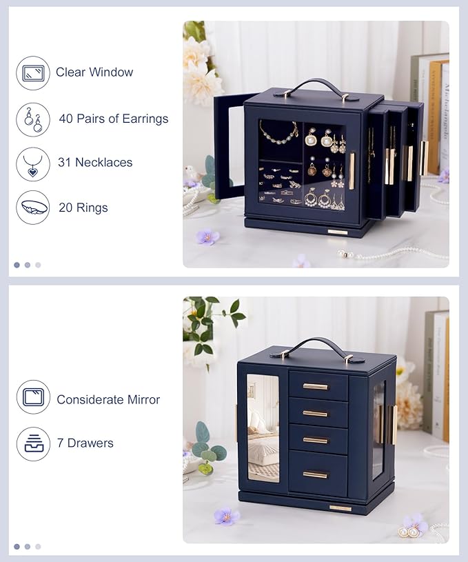Homde Christmas Gifts Jewelry Box 360° Rotating, Necklace Earring Organizer with Transparent Window, Mirror, 7 Drawers, Large Ring Display Storage Case for Girls Women (Dark Blue)
