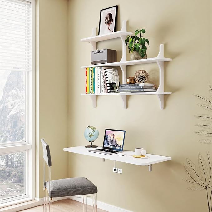 Pmnianhua Wall Mounted Folding Table, 47'' Floating Laptop Desk with Shelves, Foldable Drop Leaf Table, Wall Mount Fold Down Table for Laundry Room Kitchen Bar Home Office Small Space(White)