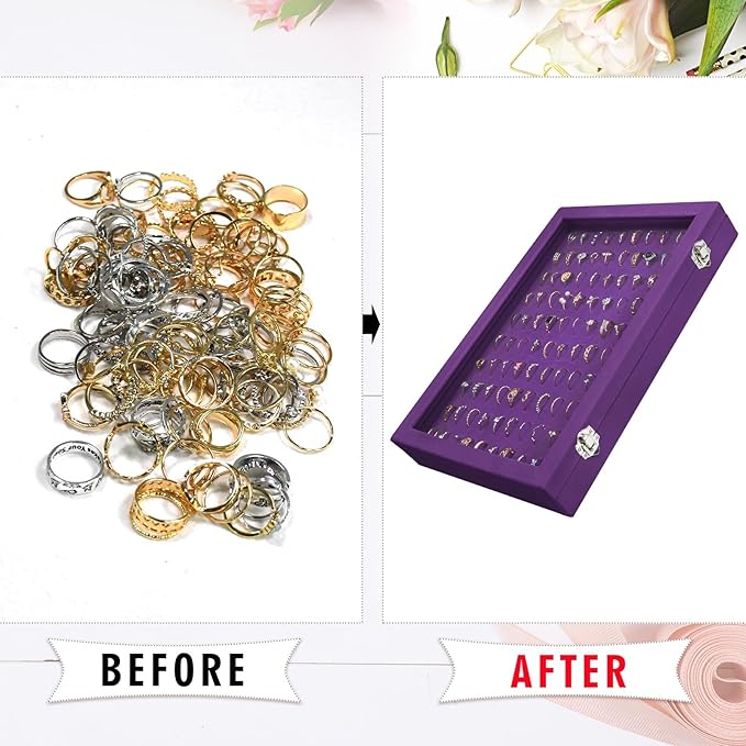 Ring Display Tray Organizer Box with Transparent Lid, 100 Slot Ring Holder Showcase For Store Display Jewelry Show Home, Ring Organizer For Jewelry Rings, Studs Earrings (Purple)