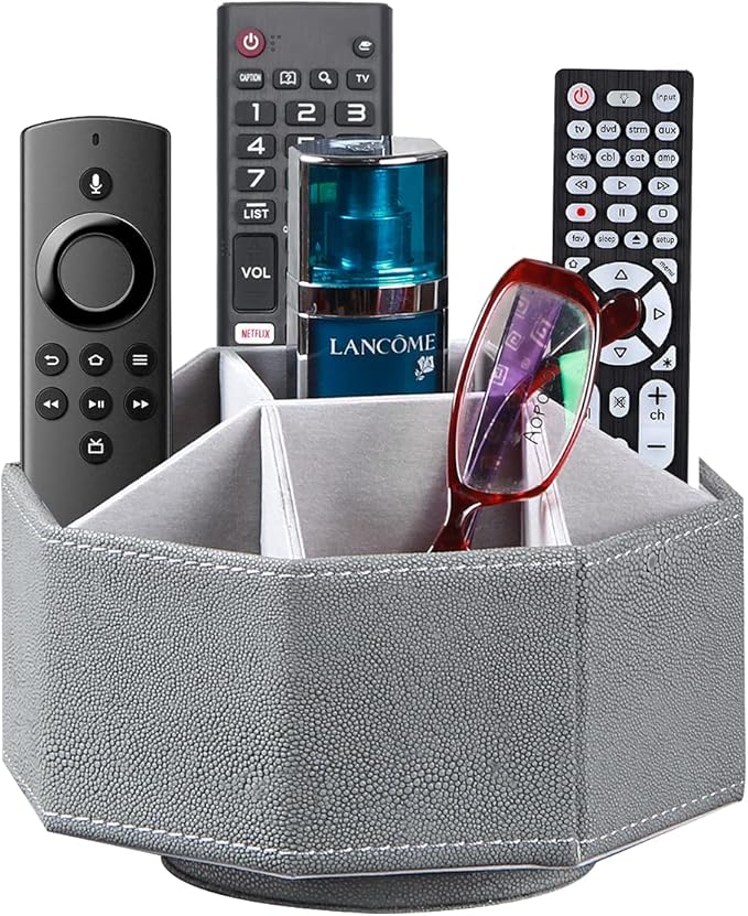 Leather Remote Control Holder,360 Degree Spinning TV Remote Caddy,9 Grids Desk Organizers and Accessories for Storage Controller,Calculator,Mail,Media,Pen,Phone etc(Grey Fish pattern)