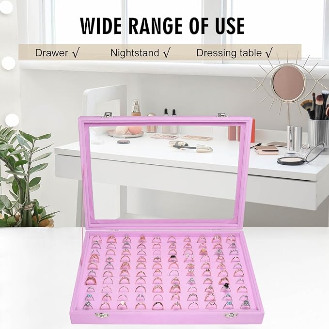 Velvet Ring Display Tray Organizer Box with Transparent Lid, 100 Slot Ring Holder Showcase For Store Display Jewelry Show Home, Pink