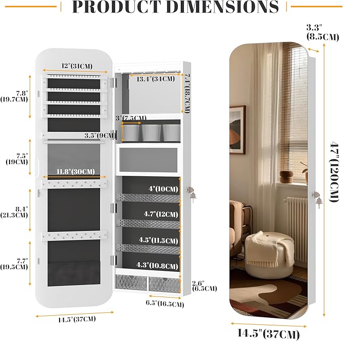 Vlsrka 47.2" LED Mirror Jewelry Cabinet, Wall/Door Mounted Full Length Mirror with Storage, Lockable Jewelry Armoire with Mirror, Rounded Corner Hanging Mirror Jewelry Organizer, White