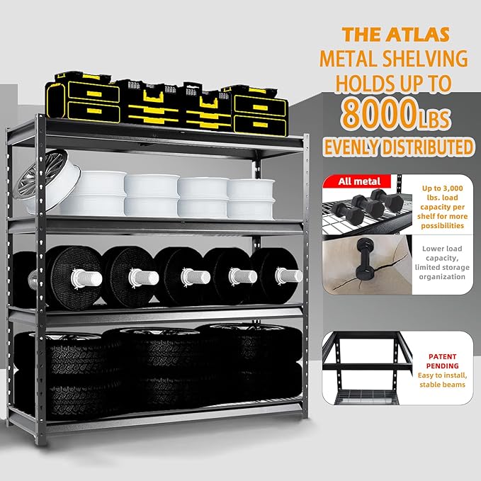 The Atlas 72" W Heavy Duty Garage Shelving Load 8000 Lbs, 4 Tier Metal Storage Shelves, Adjustable Industrial Steel Rack for Warehouse Basement Shop, 72" W x 24" D x 72" H, Black